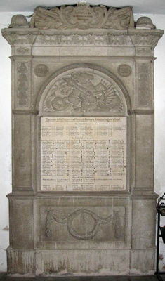Erinnerungstafel an den I. Weltkrieg im Eingangsbereich der Trauchgauer Pfarrkirche. Es werden  203 Teilnehmer aus der Altgemeinde genannt.